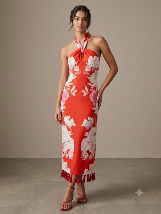 FARM Rio Dresses & Skirts - FARM Rio Red & White Backless Floral Halter Dress